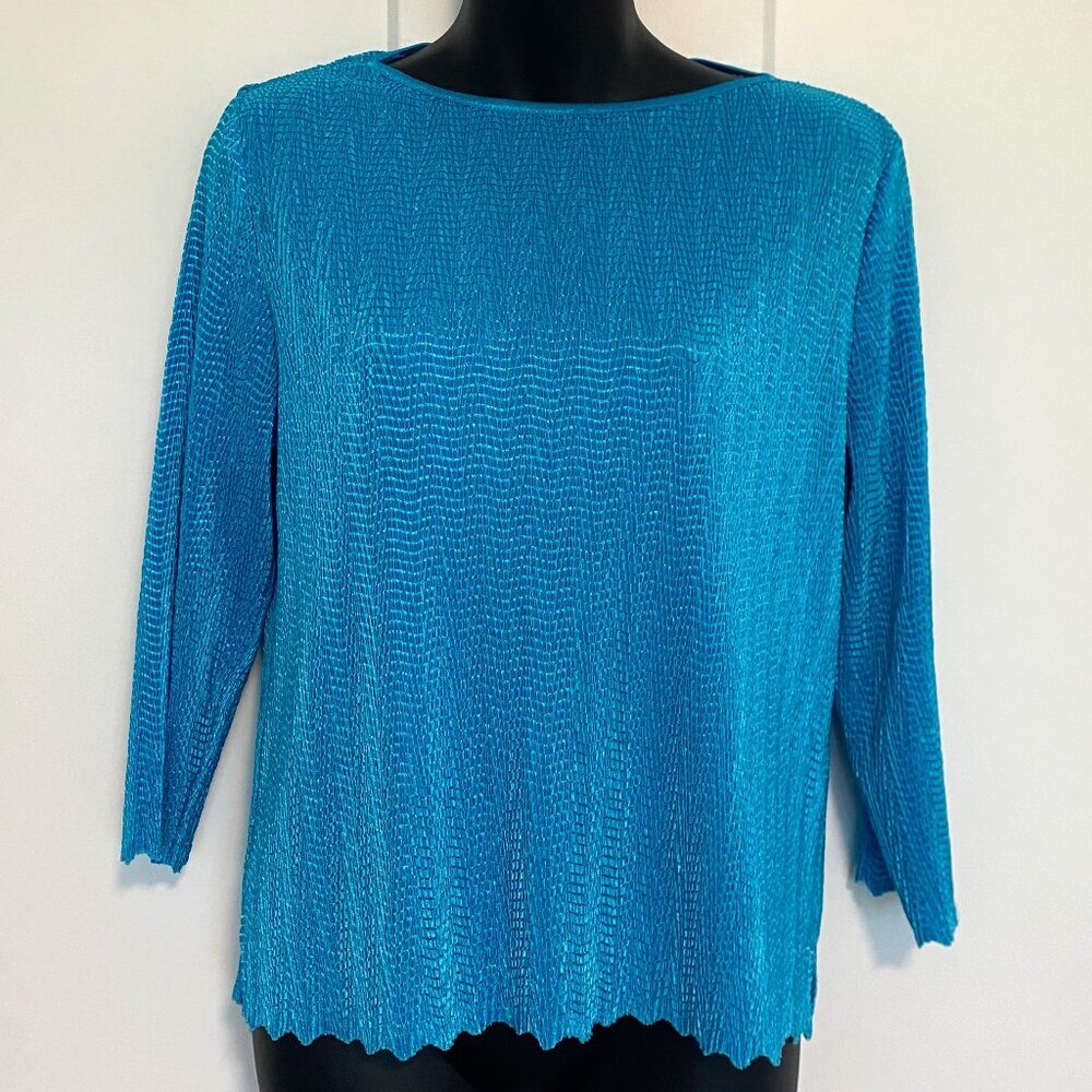 Lana Lee Blue 3/4 Sleeve‎ Stretchy Fitted Blouse Top Size Large